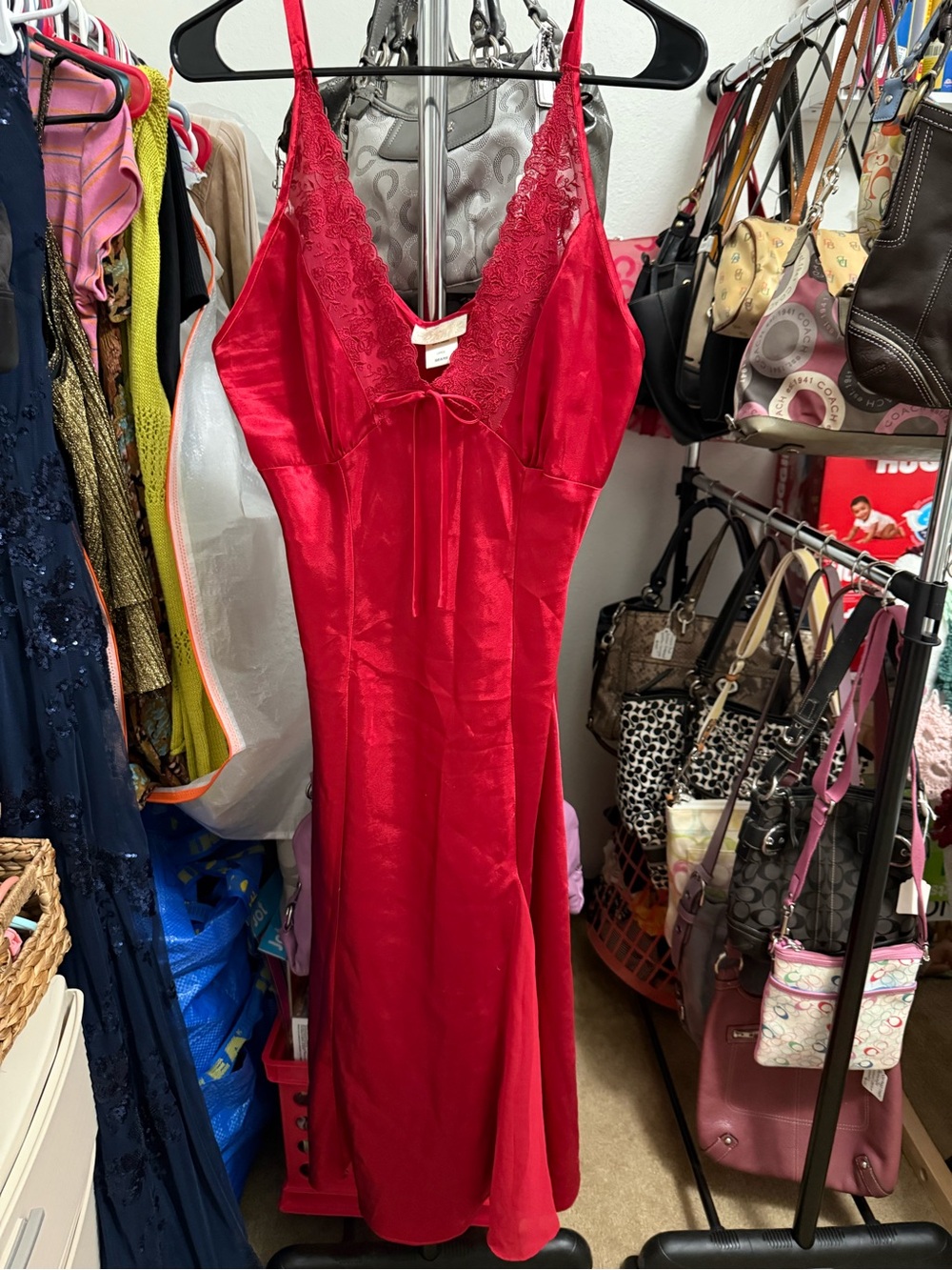 Vintage 90s Inner Most Cherry Red Satin Lace Slip Dress